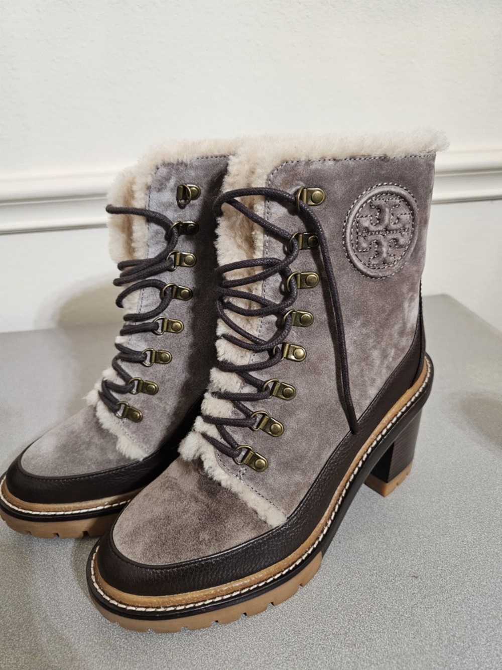 Tory Burch Brown Leather & Suede Shearling Lace-Up Heeled Boots